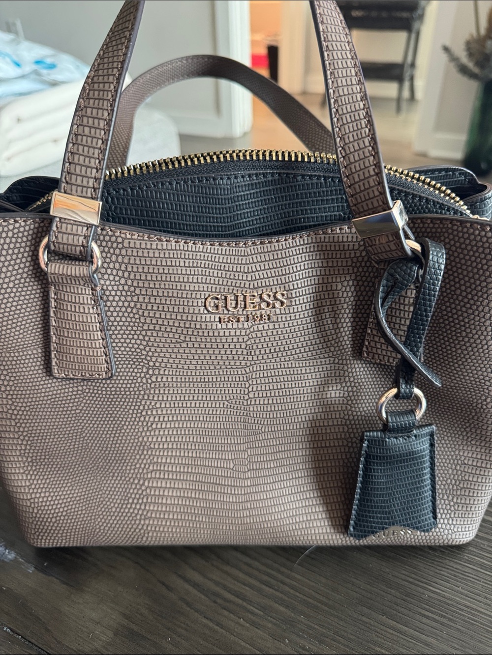 GUESS Taupe Textured Satchel with Black Accent